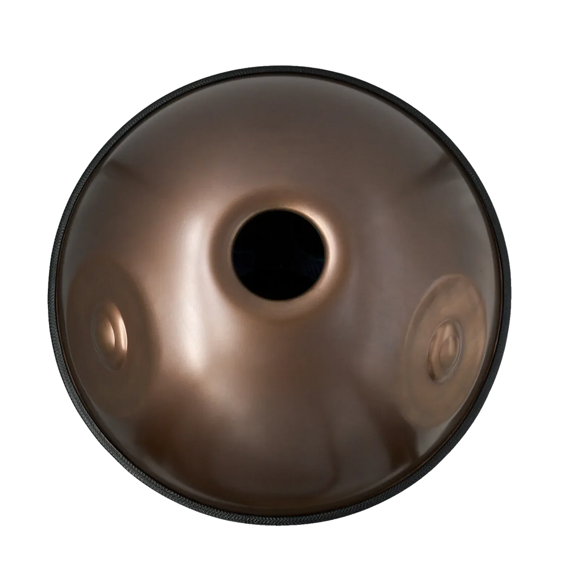 Handpan D Kurd 14 – hpl studio, Unterseite mit Klangöffnung und zwei Tönen