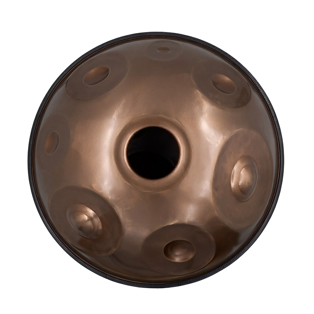 Handpan E Amara 20 – hpl studio von unten: Klangöffnung und sieben Töne auf der Unterseite