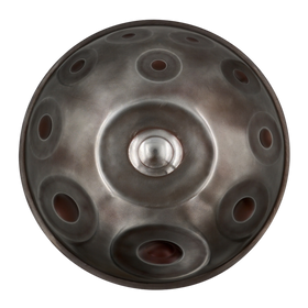 Oberseite der HPL Master Handpan in D Aegean 18 mit zentralem Ding und Tonfeldern