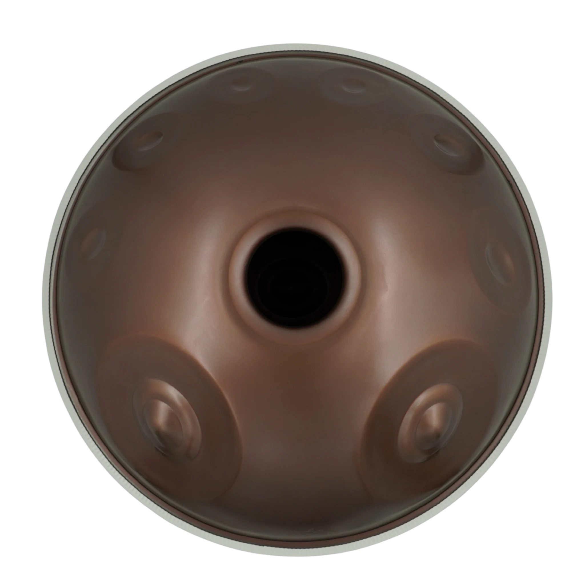 Handpan Signature C Ashakiran 17, Unterseite mit Gu-Klangöffnung und braunem Finish – handpanladen