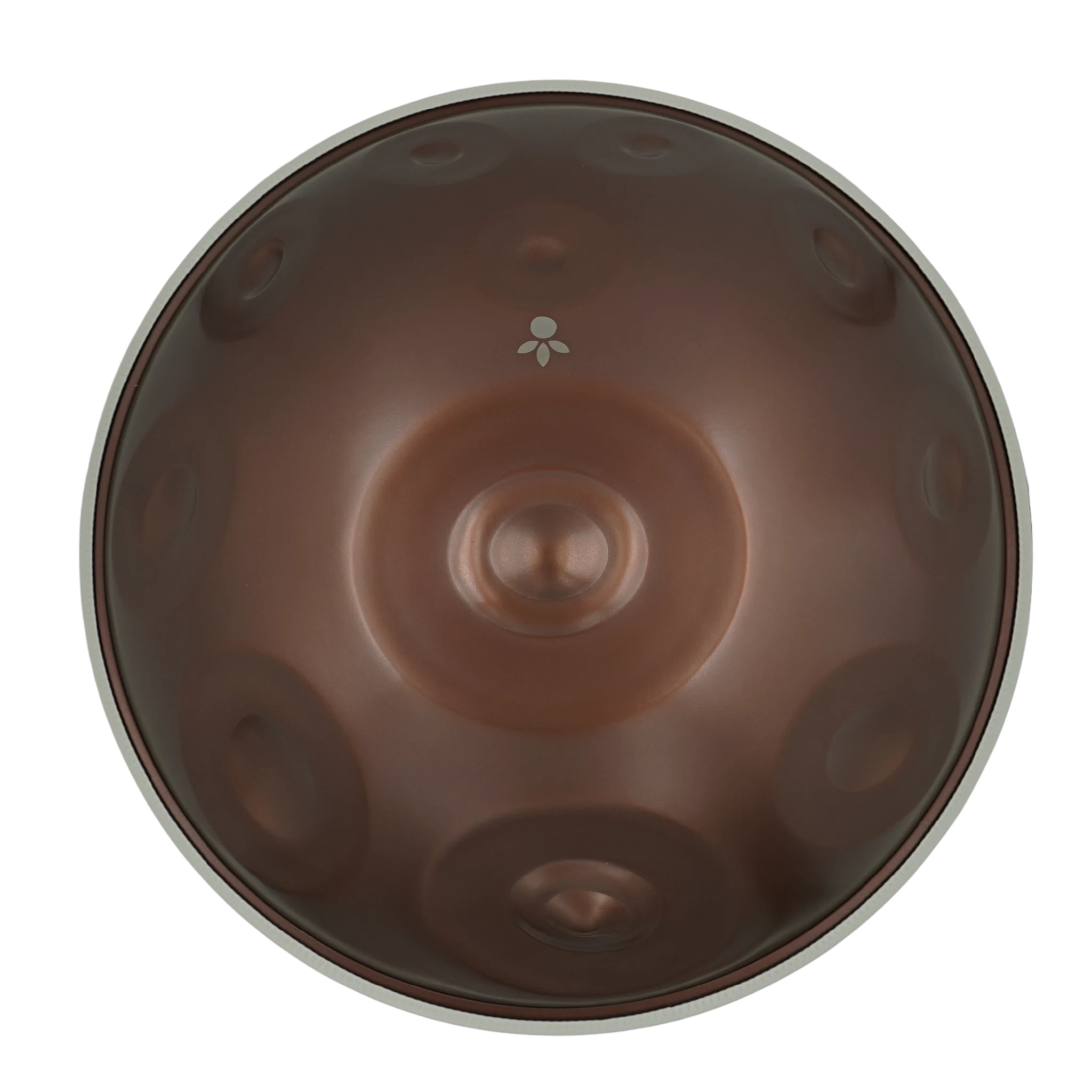 Handpan Signature D Aegean 18, Draufsicht auf die Tonfelder mit mattem braunem Finish – handpanladen