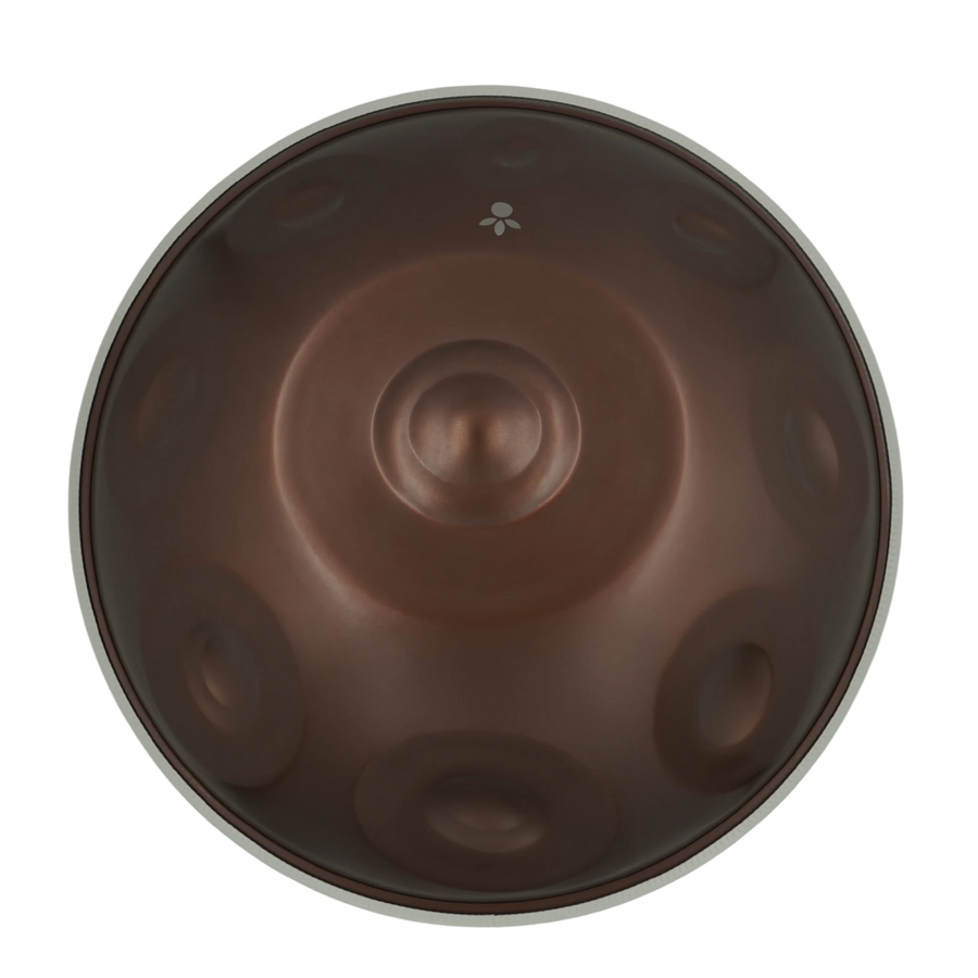 Handpan Signature F# 2 Nordlys 15, Draufsicht auf die Tonfelder mit mattem braunem Finish – handpanladen