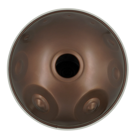 Handpan Signature F# Low Pygmy 21, Unterseite mit Gu-Klangöffnung und braunem Finish – handpanladen