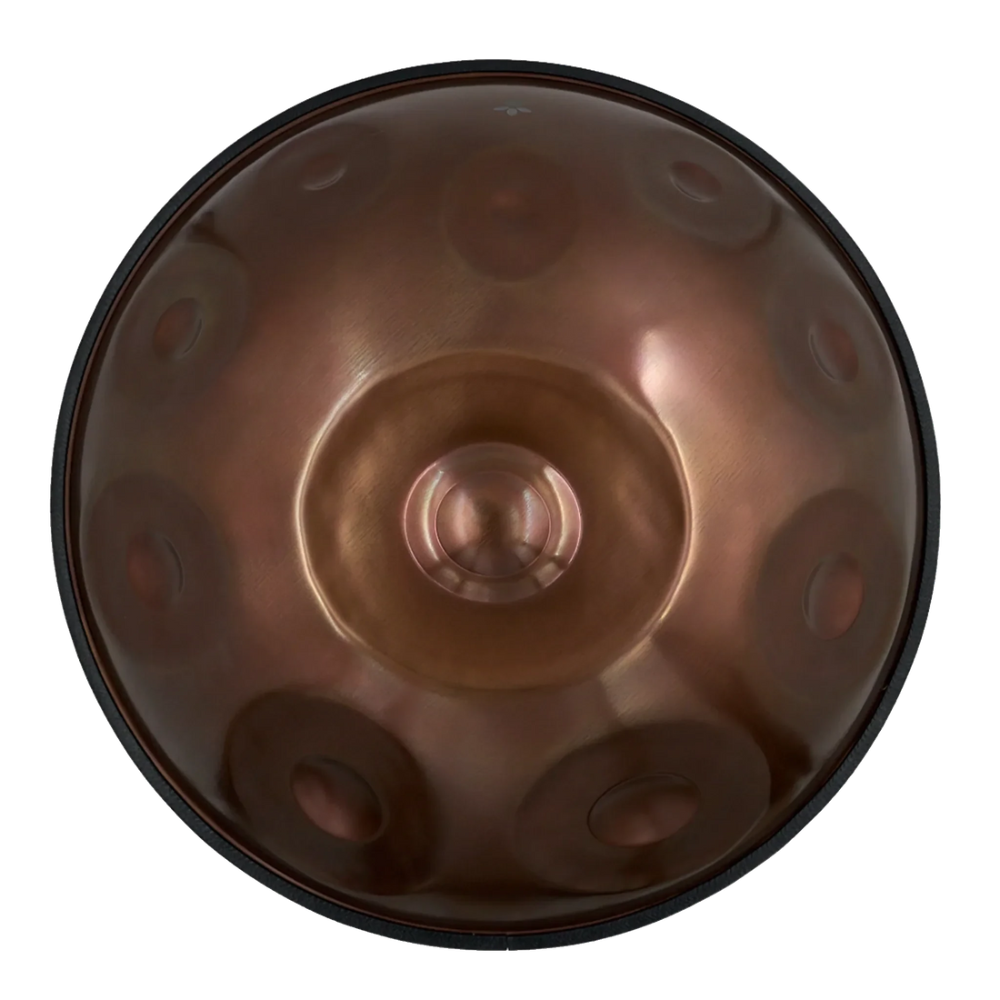 Handpan D Kurd 15 – hpl starter, Draufsicht auf die zehn Tonfelder der Oberseite mit kupferbraunem Finish – handpanladen