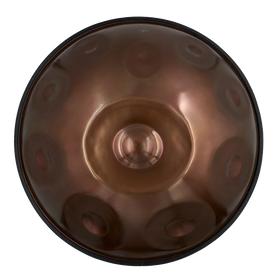 Handpan D Kurd 15 – hpl starter, Draufsicht auf die zehn Tonfelder der Oberseite mit kupferbraunem Finish – handpanladen
