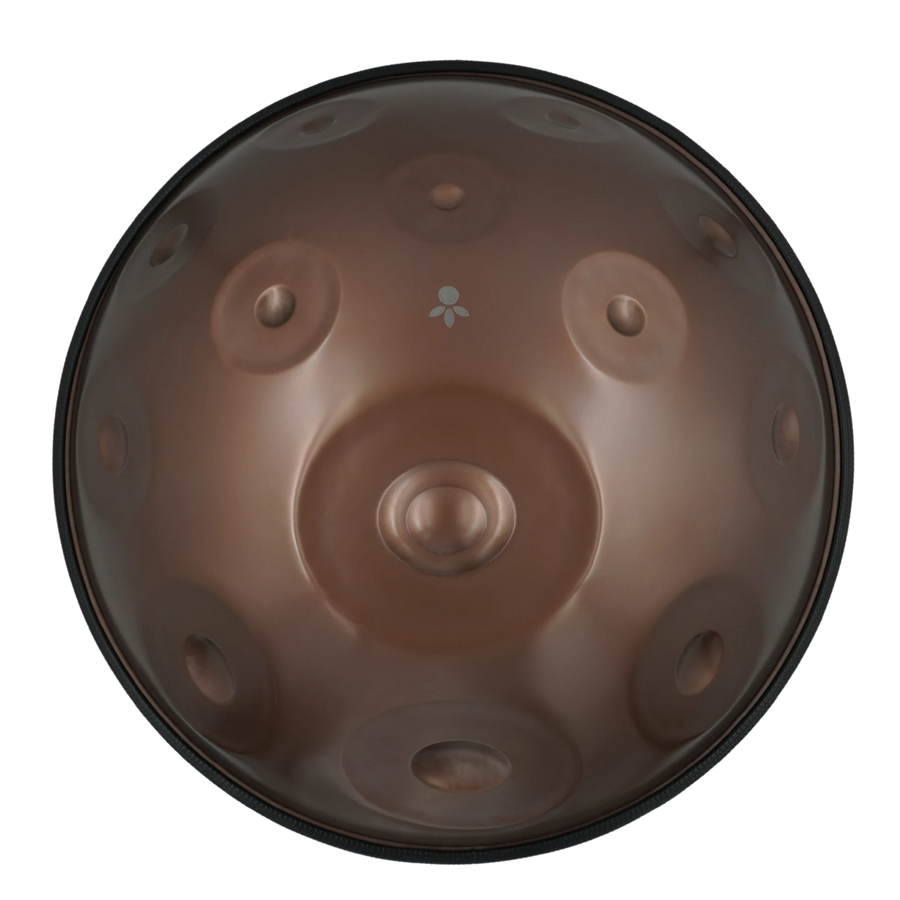 Handpan Studio E La Sirena 20, Draufsicht auf die Tonfelder mit mattem braunem Finish – handpanladen