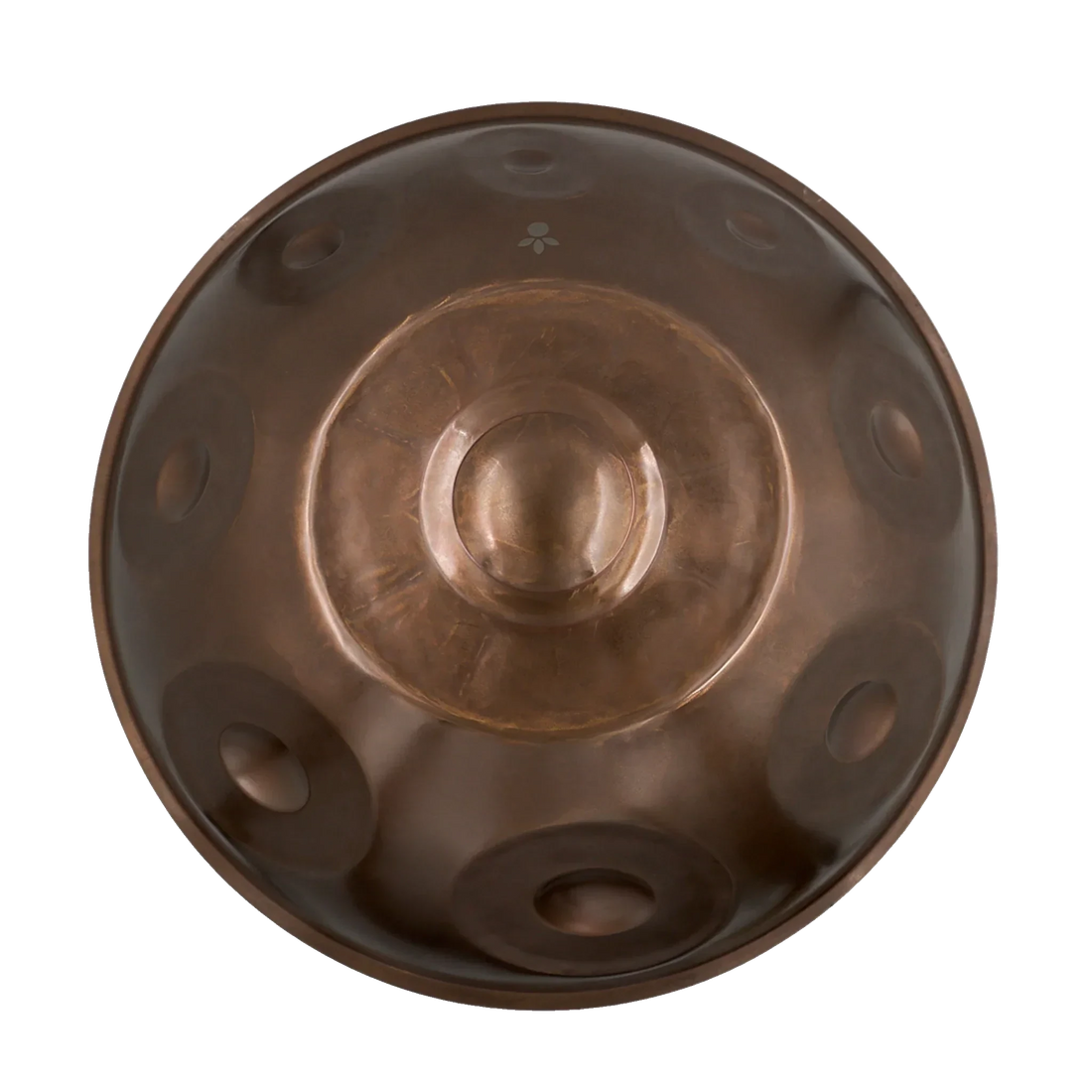 Handpan F#2 Nordlys 15 – hpl studio von oben: der große Grundton F#2 in der Mitte, acht Töne darum herum