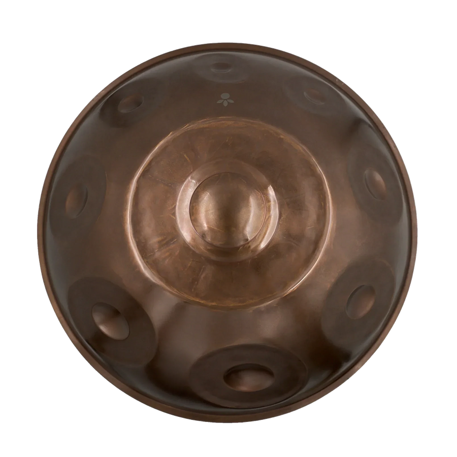 Handpan F#2 Nordlys 15 – hpl studio von oben: der große Grundton F#2 in der Mitte, acht Töne darum herum