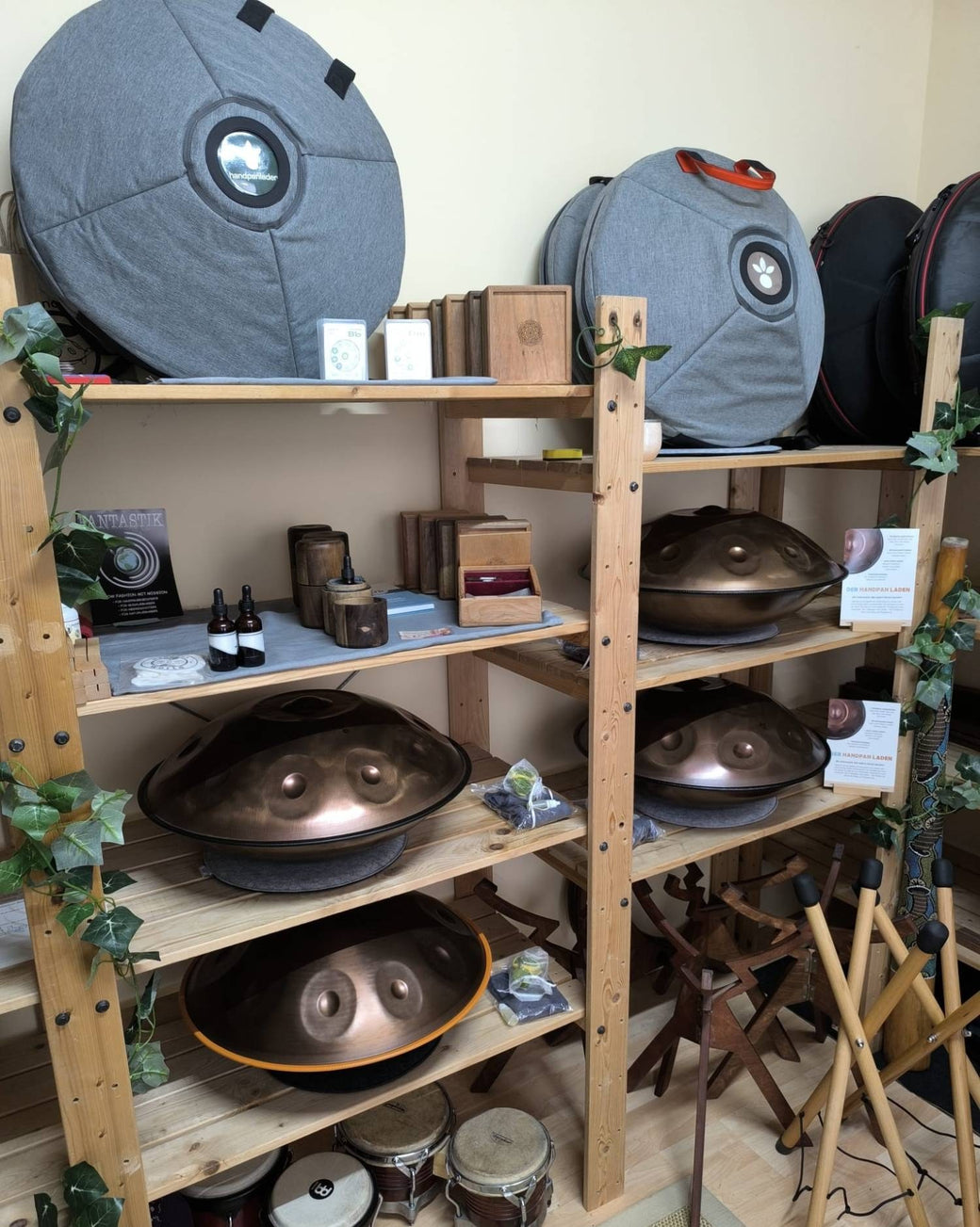 Handpans, Taschen und Zubehör in Holzregalen im Handpan Showroom Aschaffenburg