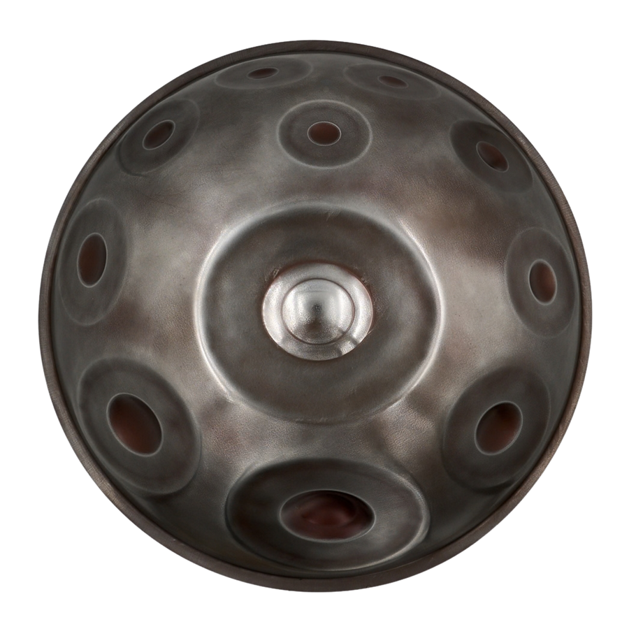 Oberseite der HPL Master Handpan in D Aegean 18 mit zentralem Ding und Tonfeldern