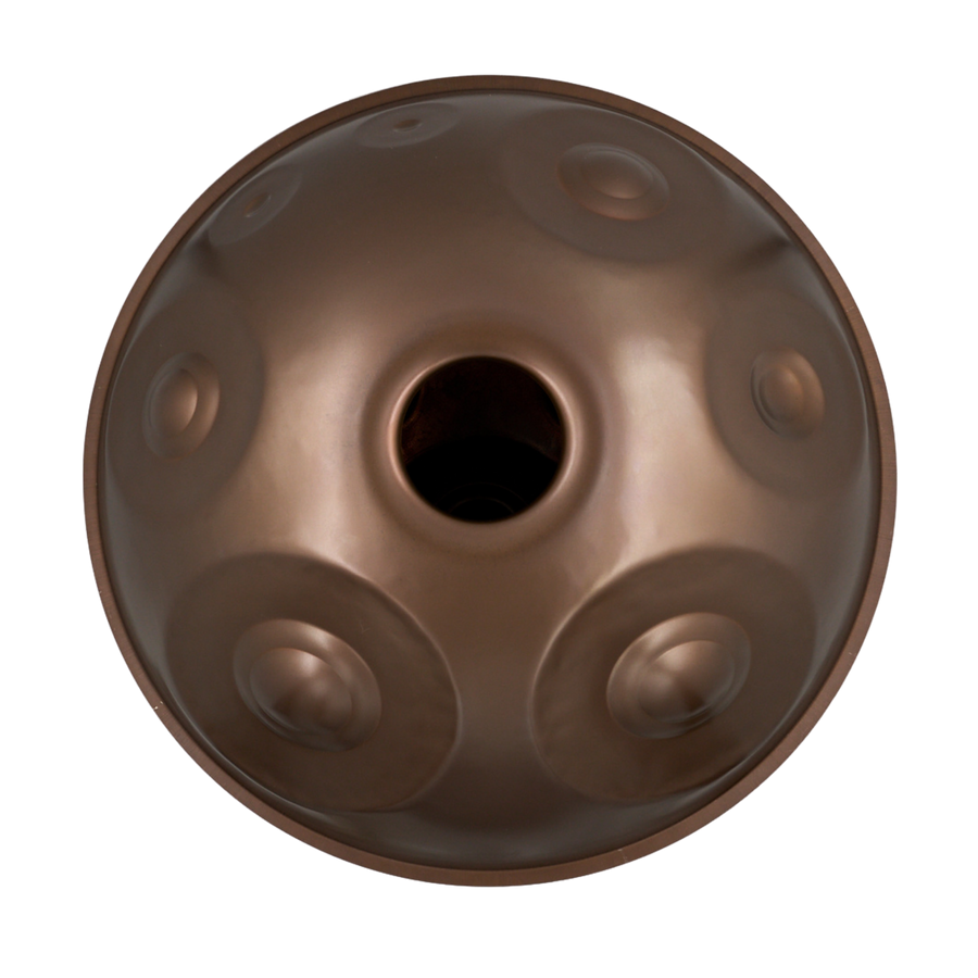 Unterseite der HPL Studio Handpan in D Kurd 20 mit Tonfeldern und Gu-Öffnung