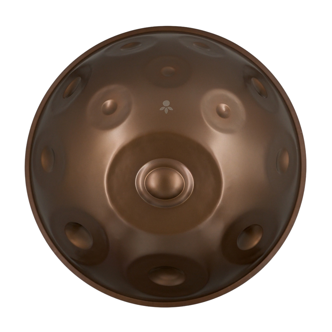 Handpan D Kurd 20 – hpl studio, Draufsicht auf die Tonfelder der Oberseite mit dem Grundton D3 in der Mitte