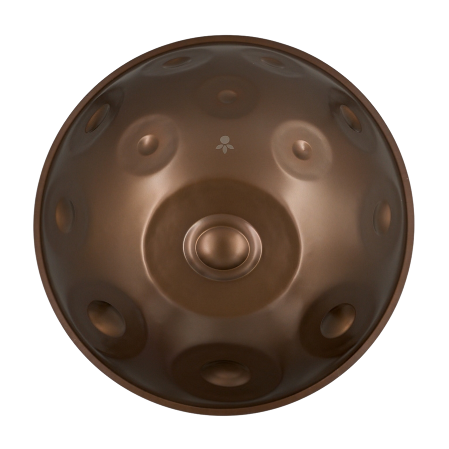 Oberseite der HPL Studio Handpan in D Kurd 20 mit zentralem Ding und Tonfeldern