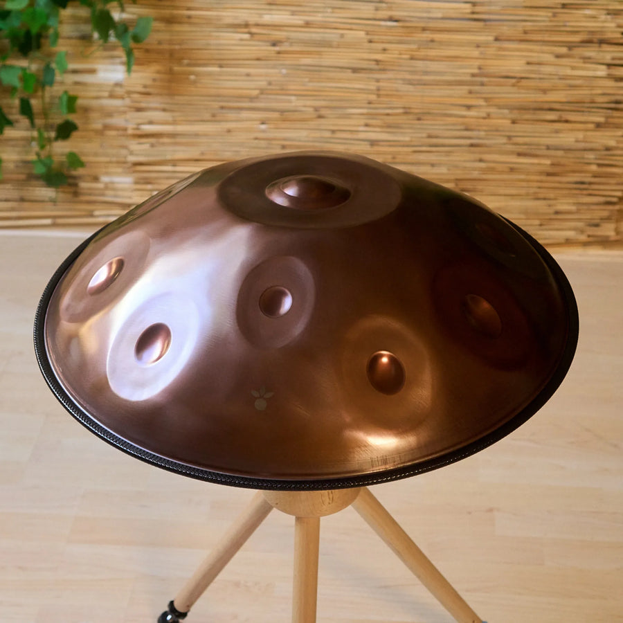 Handpan D Kurd 10 auf Holzständer, schräge Ansicht vor Bambuswand mit Pflanzen – handpanladen