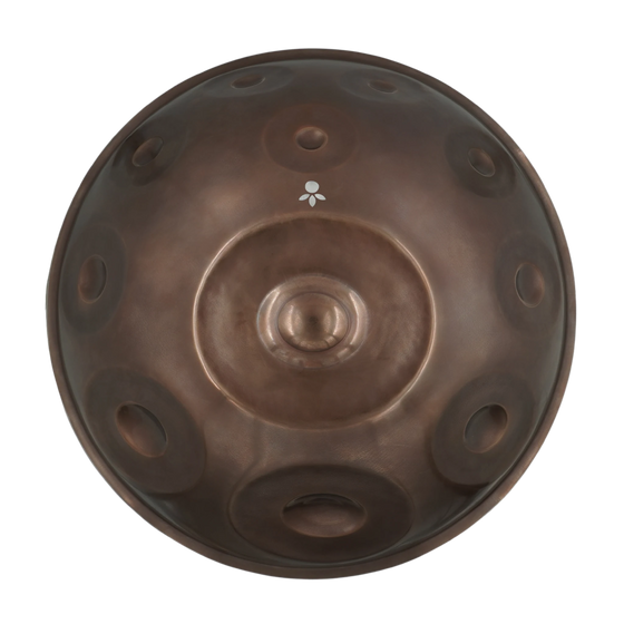 Handpan Master D Aegean 18, Prototyp-Einzelstück (gebraucht) – Draufsicht auf die Tonfelder, handpanladen