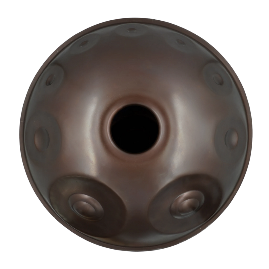 Handpan Master F# Low Pygmy 21, Prototyp-Einzelstück (gebraucht) – Unterseite mit Gu-Klangöffnung, handpanladen