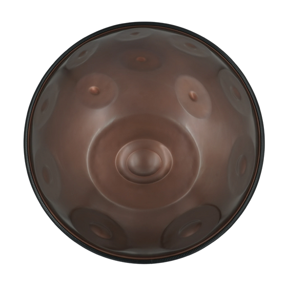 Handpan D Kurd 20, frühes mxneumann-Instrument (gebraucht) – Draufsicht auf die Tonfelder, handpanladen