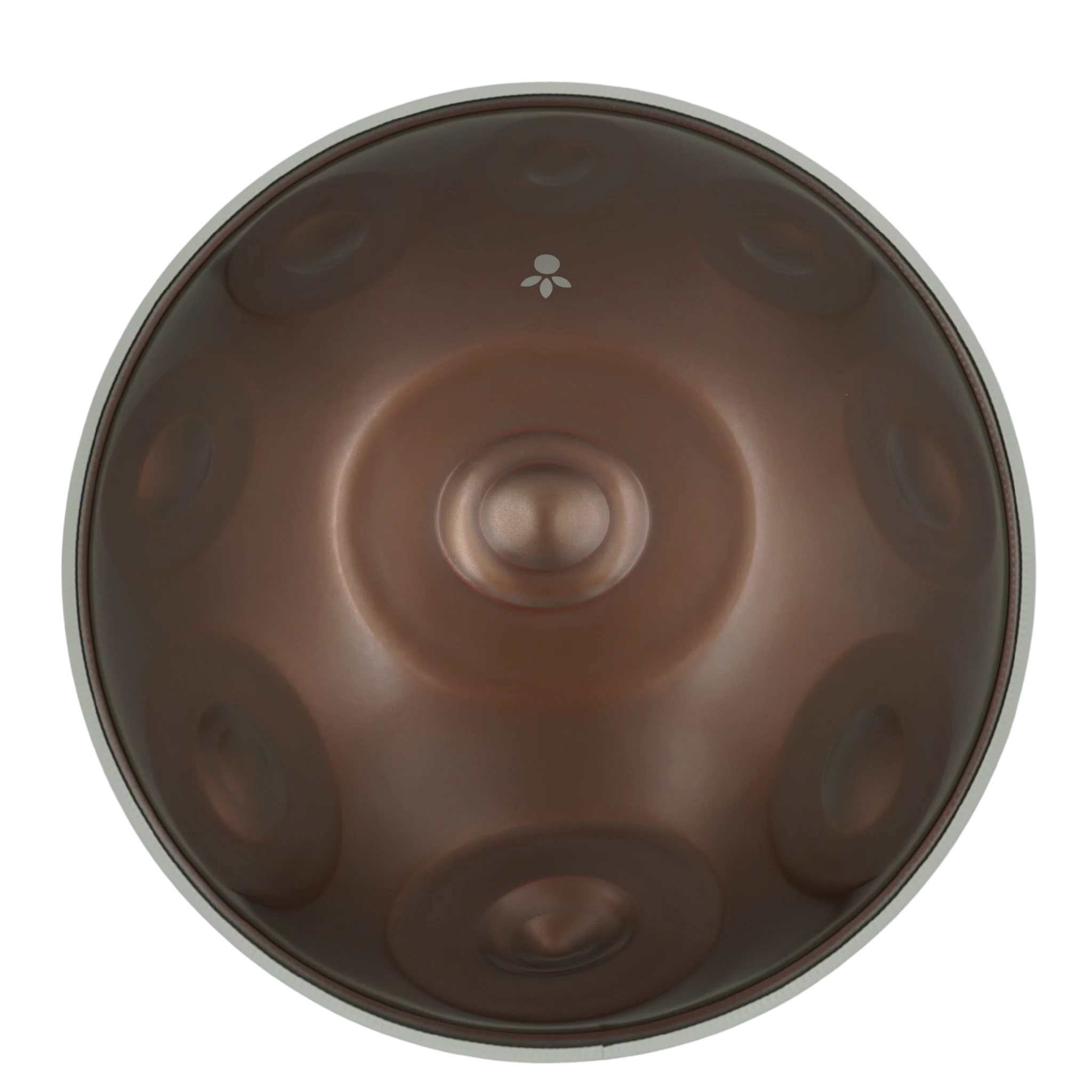 Handpan Signature C Ashakiran 17, Draufsicht auf die Tonfelder mit mattem braunem Finish – handpanladen