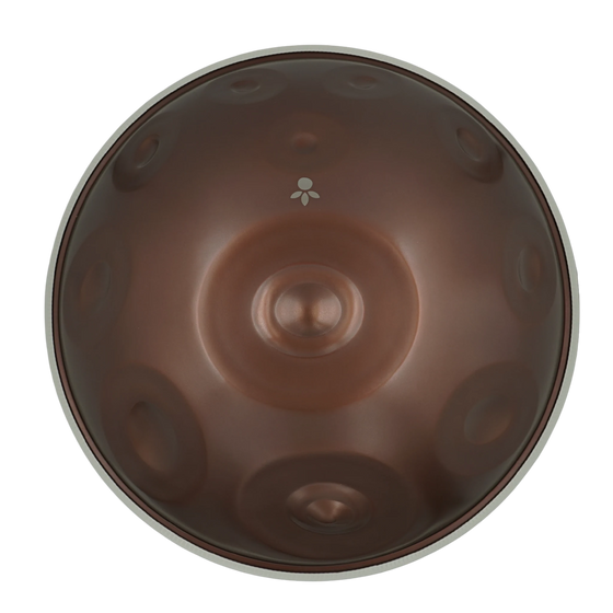 Handpan Signature D Aegean 18, Draufsicht auf die Tonfelder mit mattem braunem Finish – handpanladen