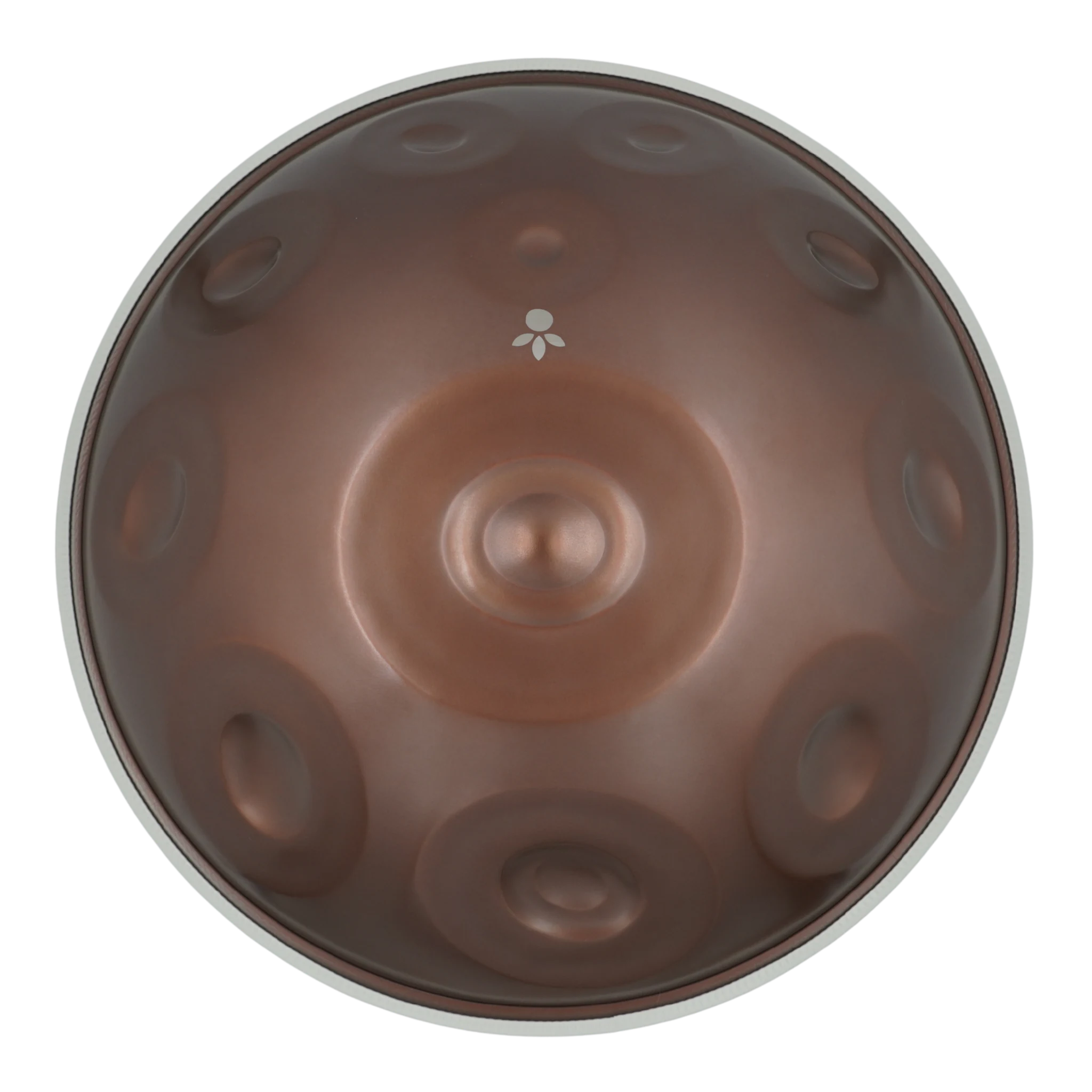 Handpan Signature D Ashakiran 19, Draufsicht auf die Tonfelder mit mattem braunem Finish – handpanladen