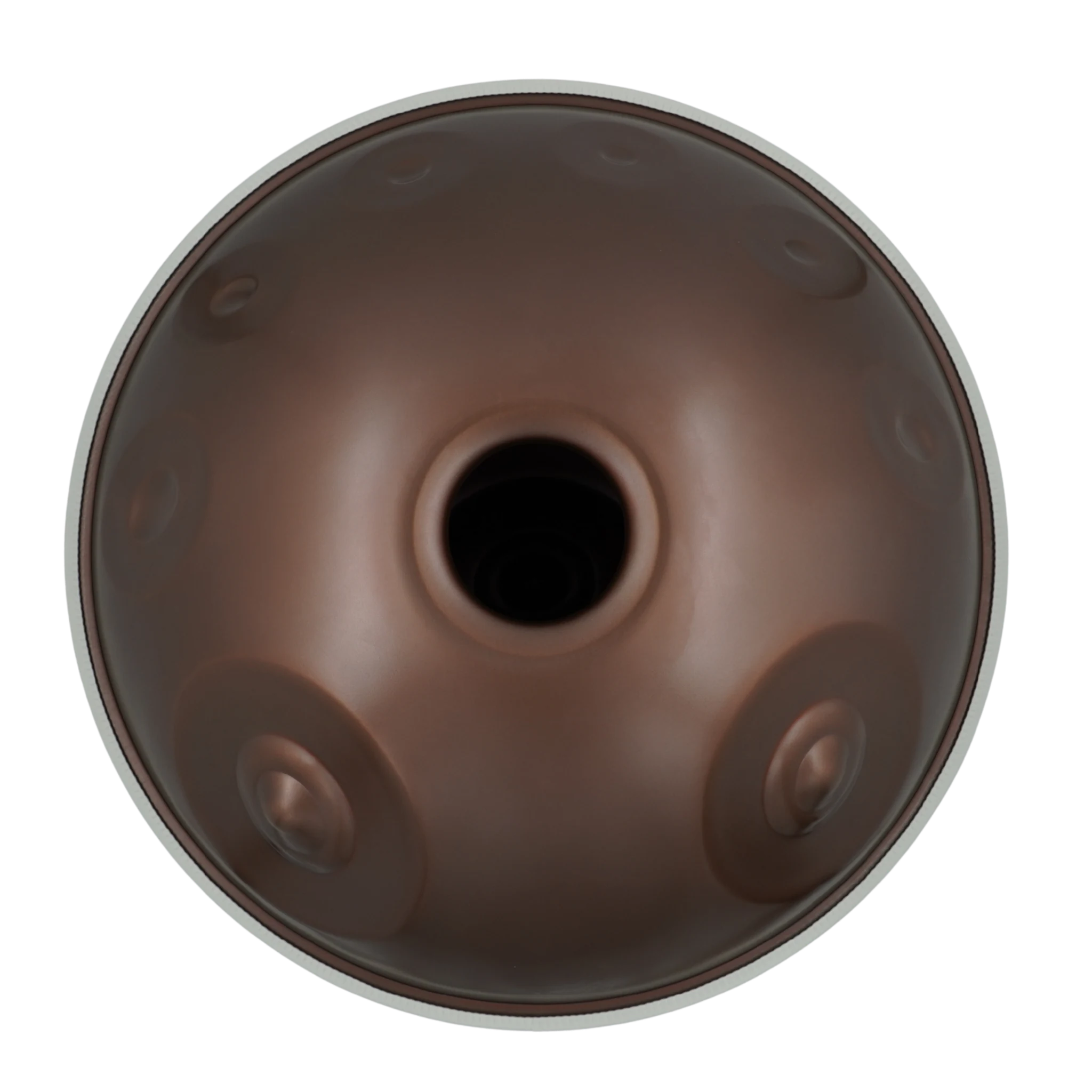 Handpan Signature D Ashakiran 19, Unterseite mit Gu-Klangöffnung und braunem Finish – handpanladen