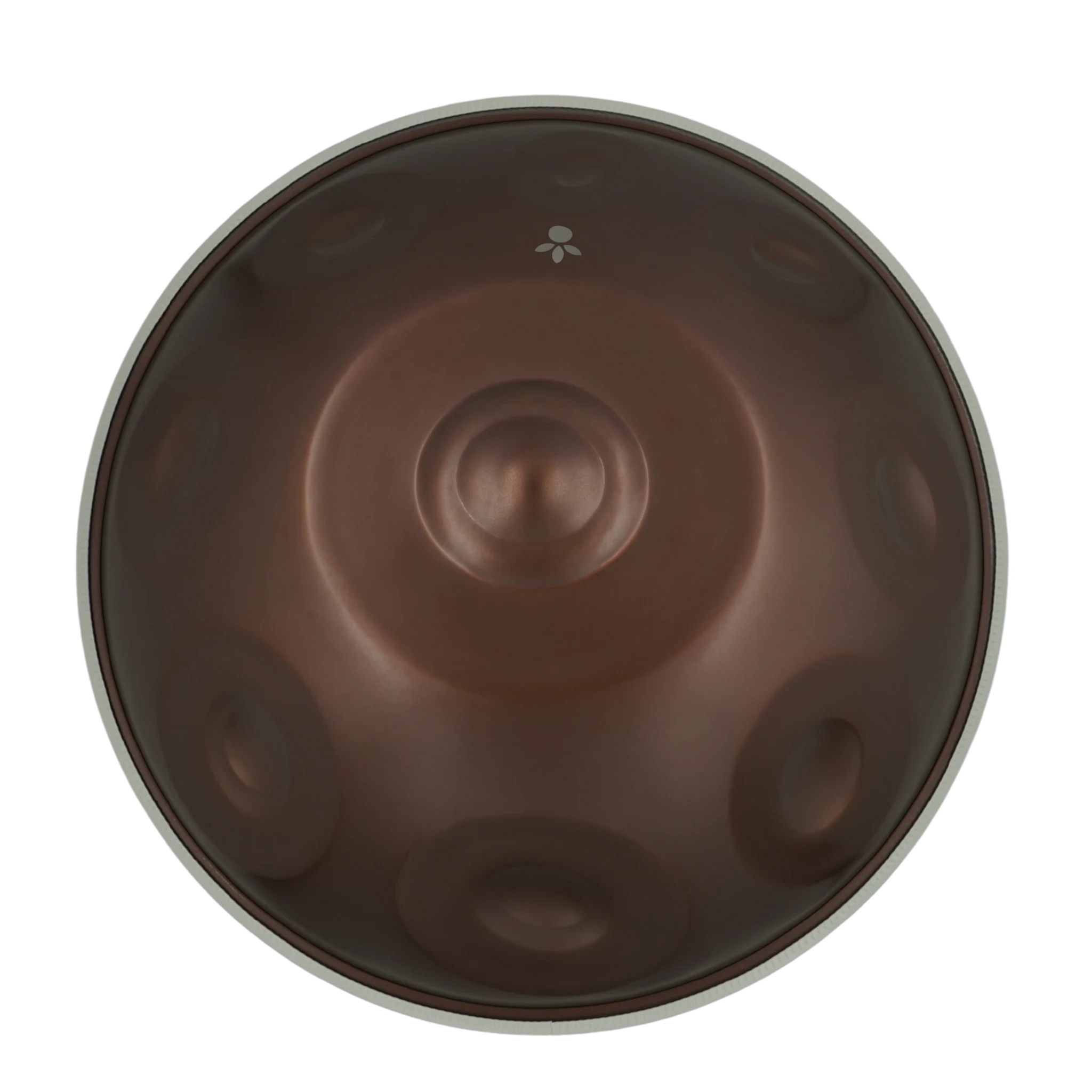 Handpan Signature F# 2 Nordlys 15, Draufsicht auf die Tonfelder mit mattem braunem Finish – handpanladen