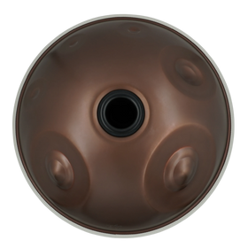Handpan Signature F# 2 Nordlys 15, Unterseite mit Gu-Klangöffnung und braunem Finish – handpanladen