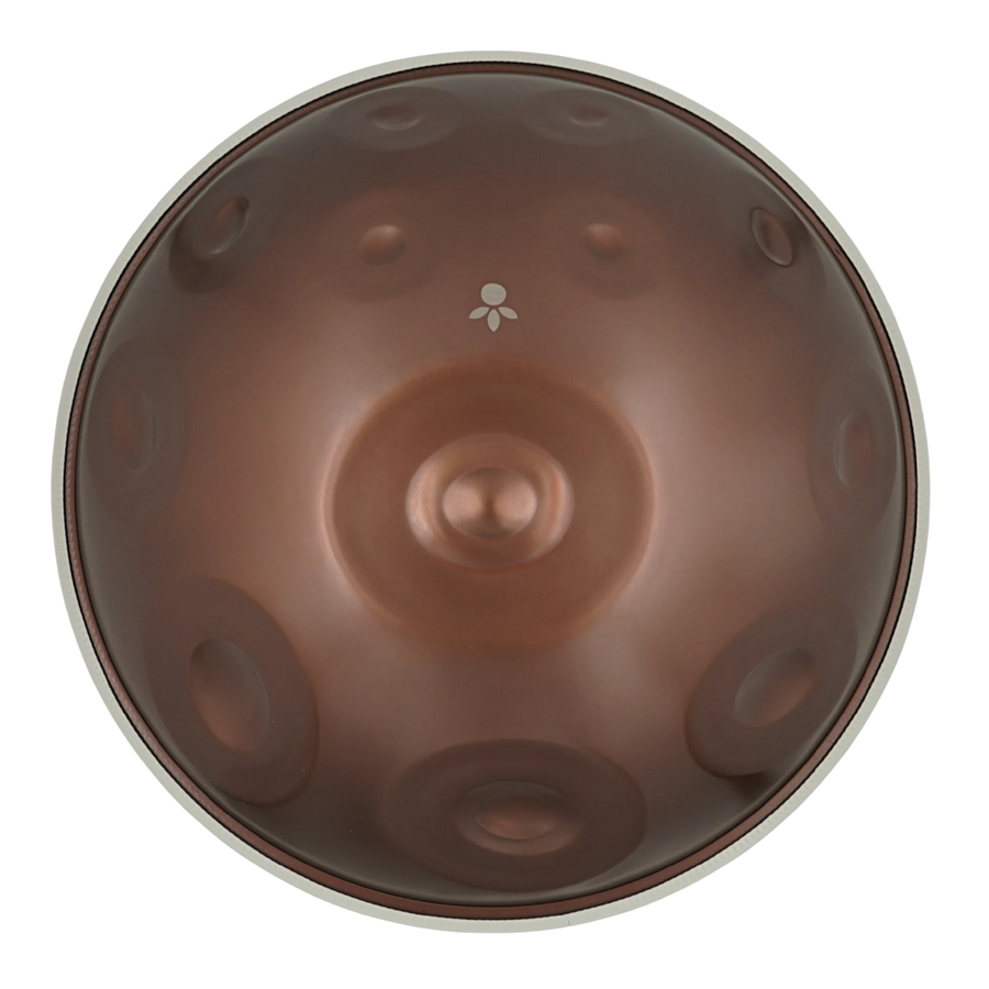 Handpan Signature F# Low Pygmy 21, Draufsicht auf die Tonfelder mit mattem braunem Finish – handpanladen