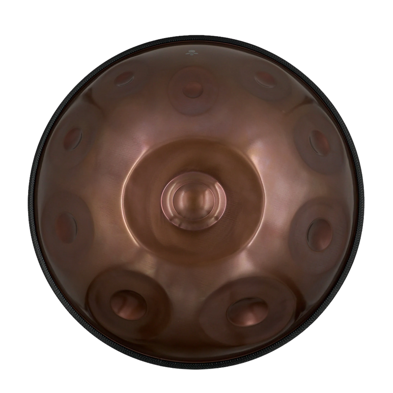 Handpan Starter D Kurd 10, Draufsicht auf die Tonfelder mit kupferbraunem Finish – handpanladen