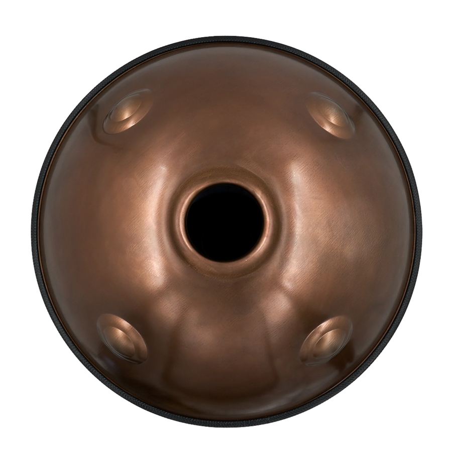 Handpan Starter D Kurd 10, Unterseite mit Gu-Klangöffnung und kupferbraunem Finish – handpanladen