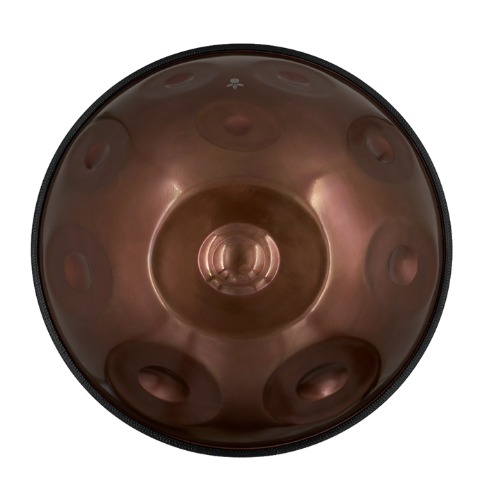 Handpan Starter D Kurd 12, Draufsicht auf die Tonfelder mit kupferbraunem Finish – handpanladen