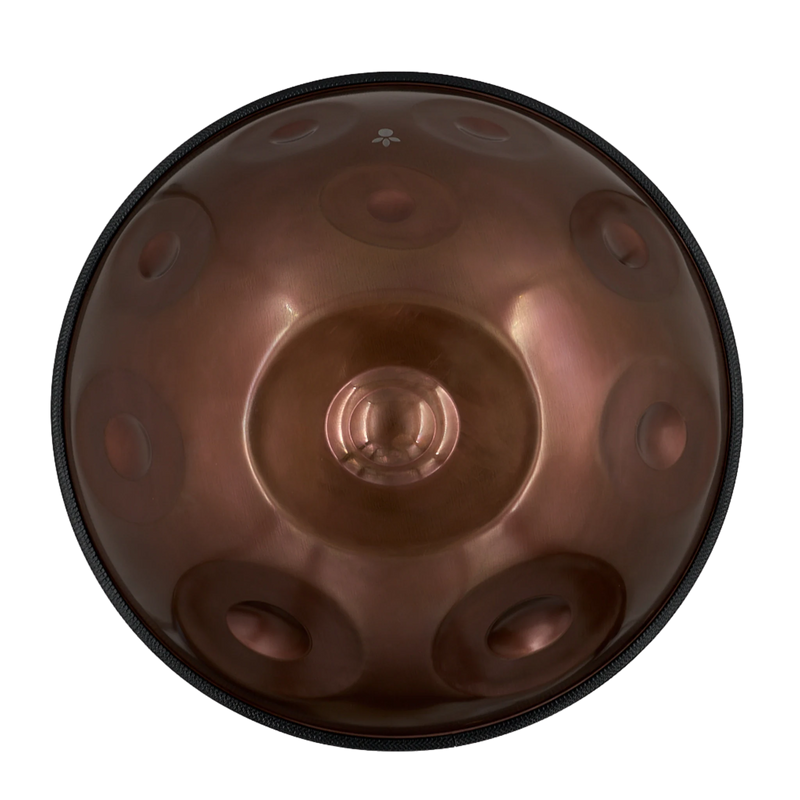 Handpan Starter D Kurd 12, Draufsicht auf die Tonfelder mit kupferbraunem Finish – handpanladen