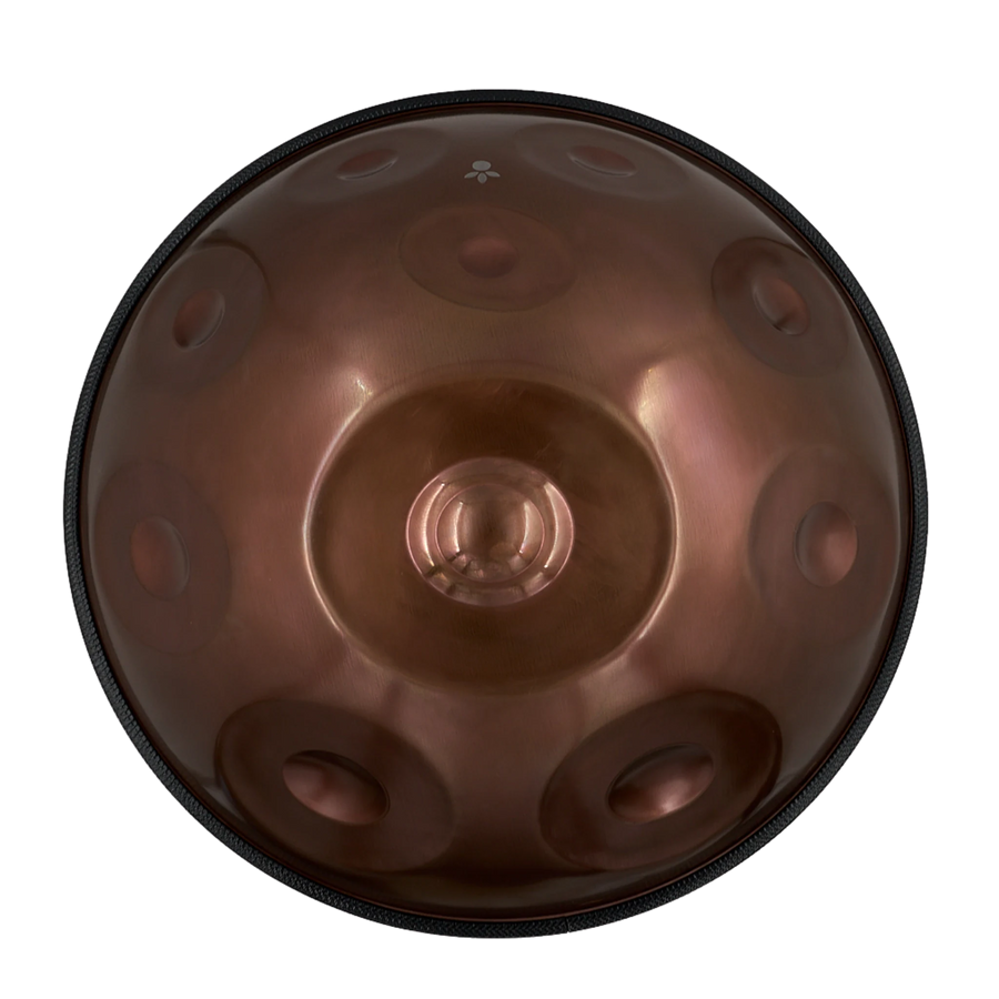 Handpan Starter D Kurd 12, Draufsicht auf die Tonfelder mit kupferbraunem Finish – handpanladen