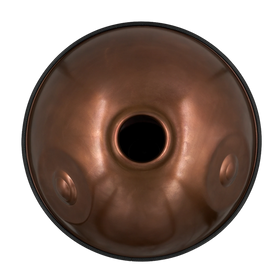 Handpan Starter D Kurd 12, Unterseite mit Gu-Klangöffnung und kupferbraunem Finish – handpanladen