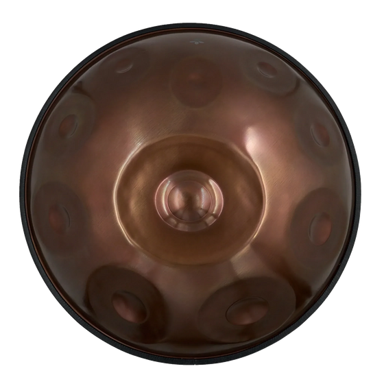 Handpan D Kurd 15 – hpl starter, Draufsicht auf die zehn Tonfelder der Oberseite mit kupferbraunem Finish – handpanladen