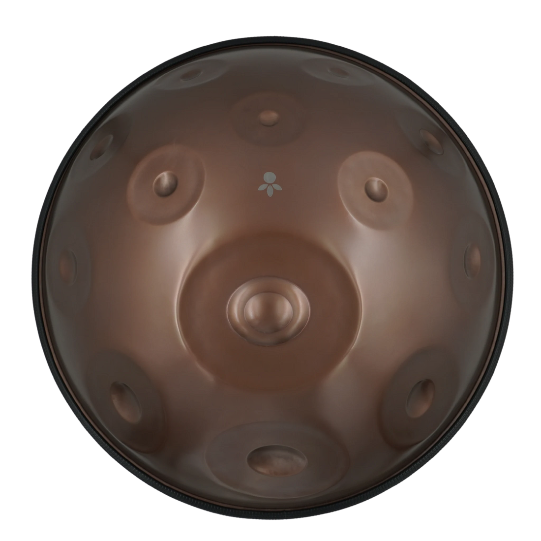 Handpan F# La Sirena 20 – hpl studio, Draufsicht auf die Tonfelder der Oberseite mit mattem braunem Finish