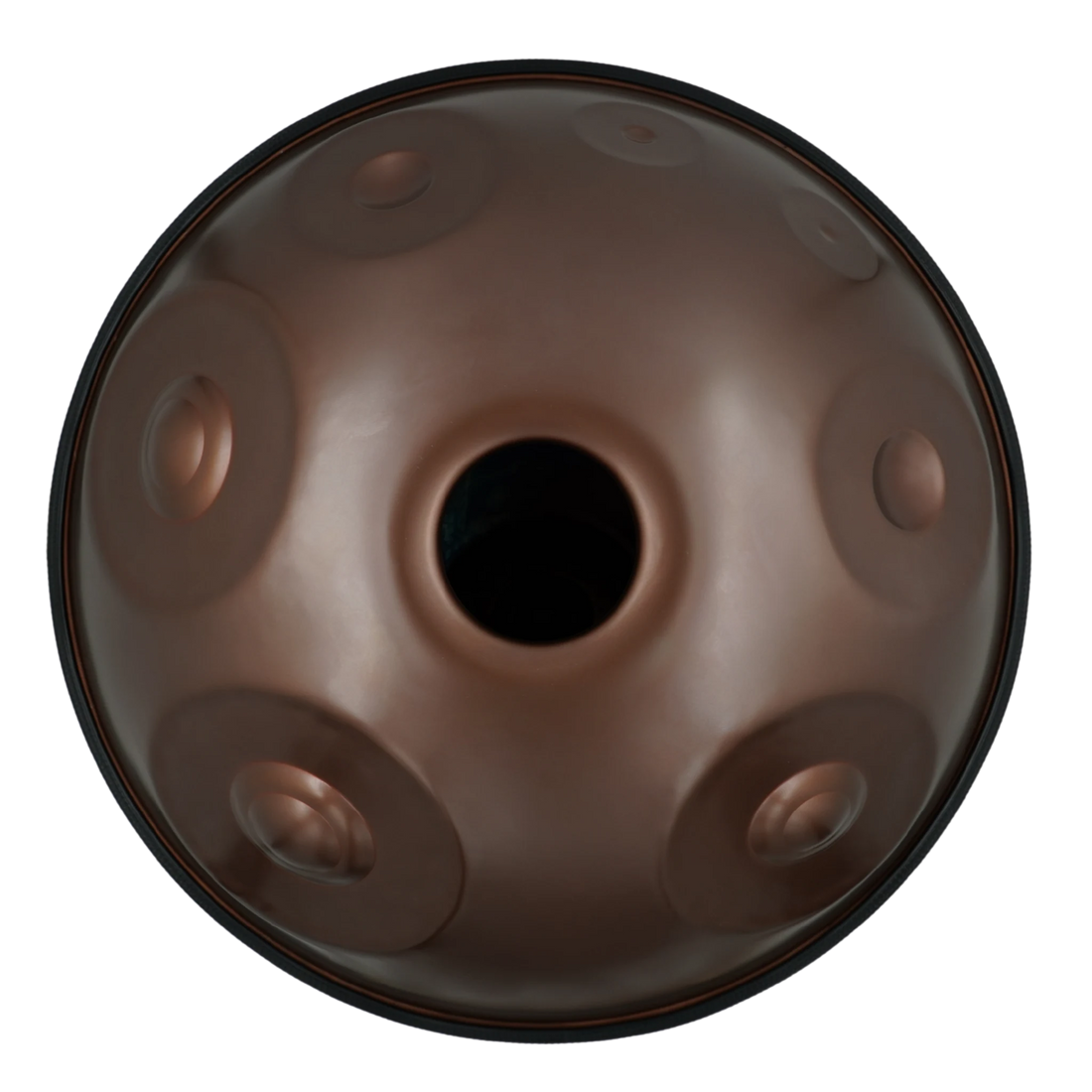Handpan F# La Sirena 20 – hpl studio, Unterseite mit Klangöffnung und braunem Finish