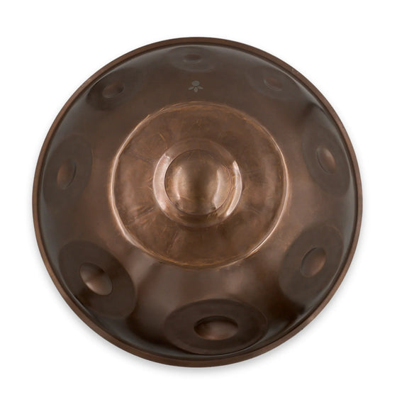Handpan F#2 Nordlys 15 – hpl studio von oben: der große Grundton F#2 in der Mitte, acht Töne darum herum