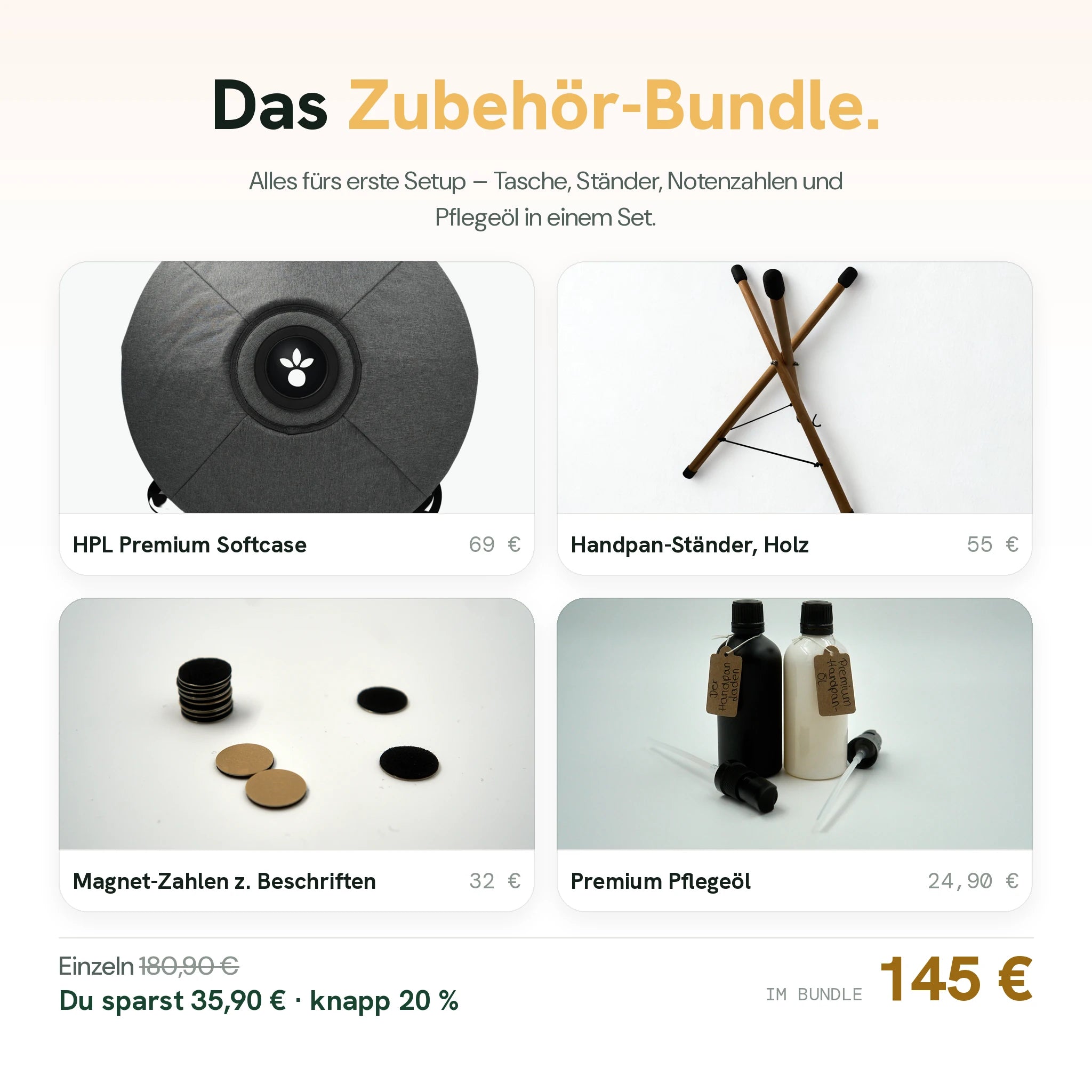 Grafik zum Zubehör-Bundle: Premium Softcase, Handpan-Ständer aus Holz, Magnet-Zahlen und Pflegeöl für 145 €